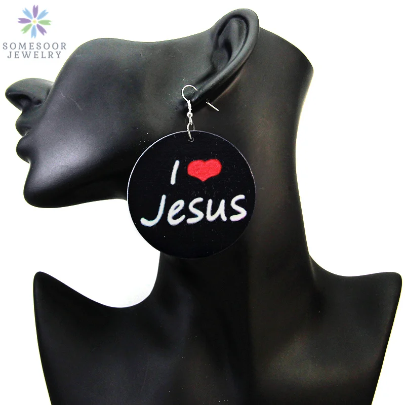 

SOMESOOR Painted Christian African Women Wood Drop Earrings I Love Jesus God Afro Ethnic Jewelry For Girls Ladies' Gifts 1pair