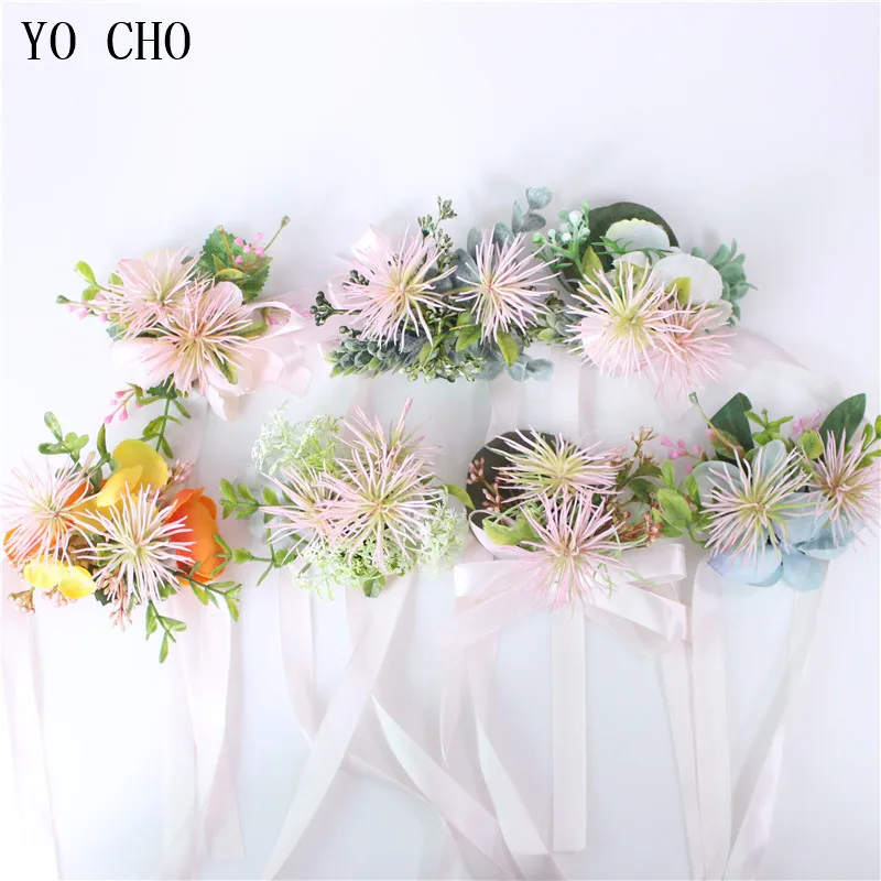 YO CHO Plastic Paardebloem Pols Corsages Bruidsmeisje Zijde Hand Bloemen Kunstmatige Brides Wedding Boutonnières Prom Bestman Bloemen