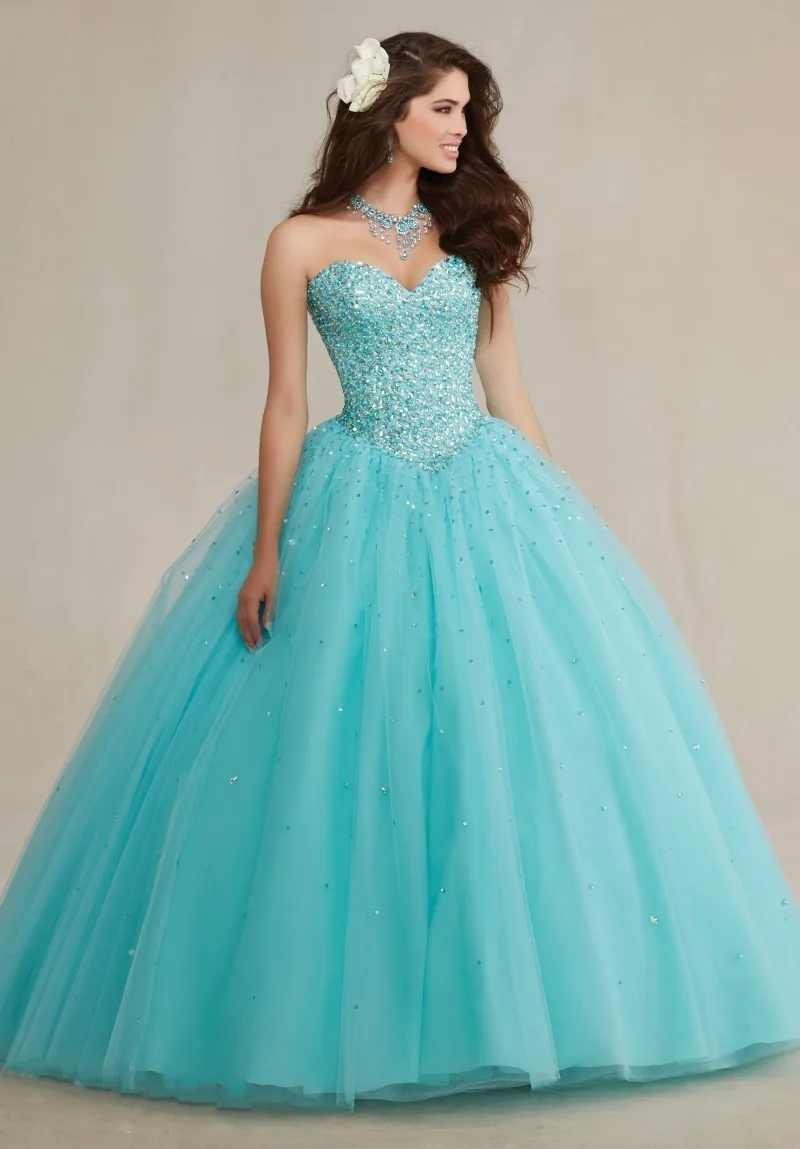 Sparkly Ball Gown Crystals Corset Puffy Tulle 2019 Turquoise Quicneanera Dress For Girls 15 Years Masquerade Debutante Gown