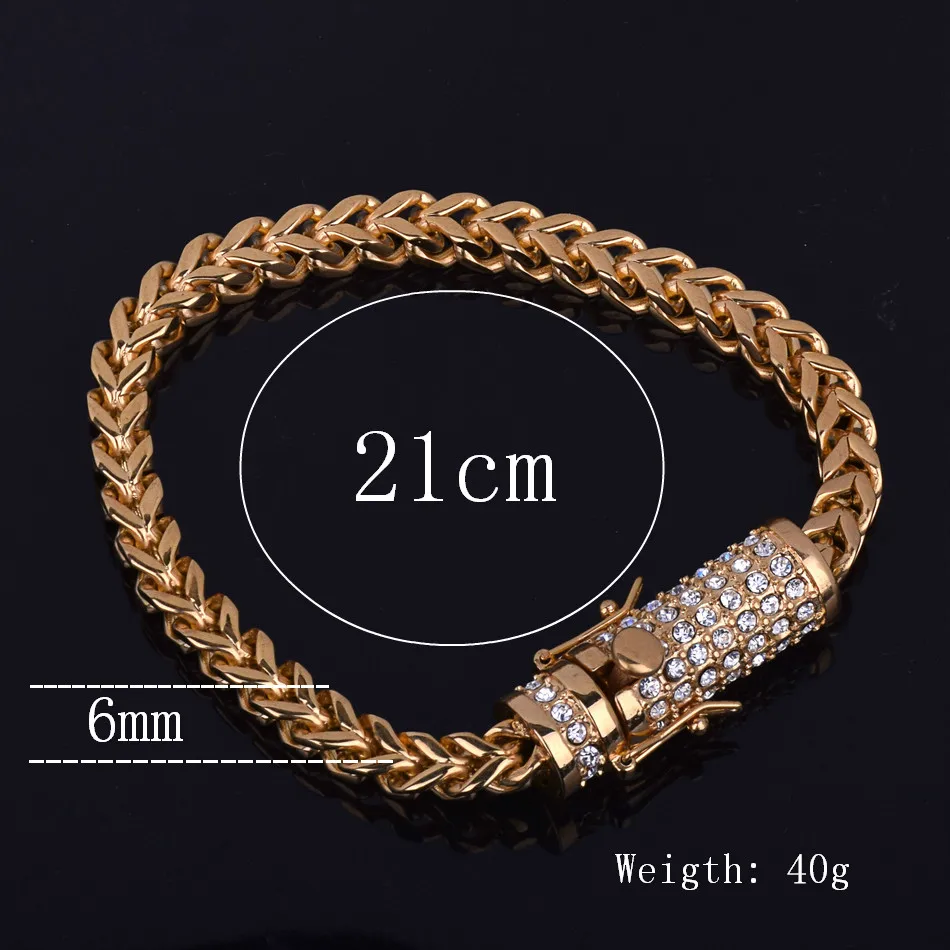 Bubble Letter Box Clasp Fox Franco Link Bracelet Men Stainless Steel Jewelry Rhinestone Filled Chain Hip hop Bracelet 21cm