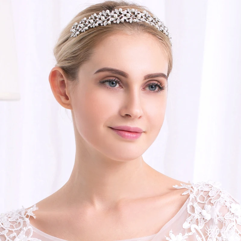 Miallo Rhinestone Pearls Crown Headband Vintage Crystal Bridal Tiaras Wedding Hair Jewelry Leaves Princess Diadem for Women