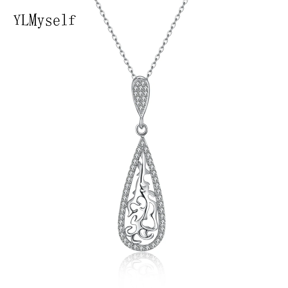 

Long Teardrop Pattern Sterling Silver Pendant Necklace Jewelry Micro Pave Zircon stones Statement 925 silver Nice Suspension