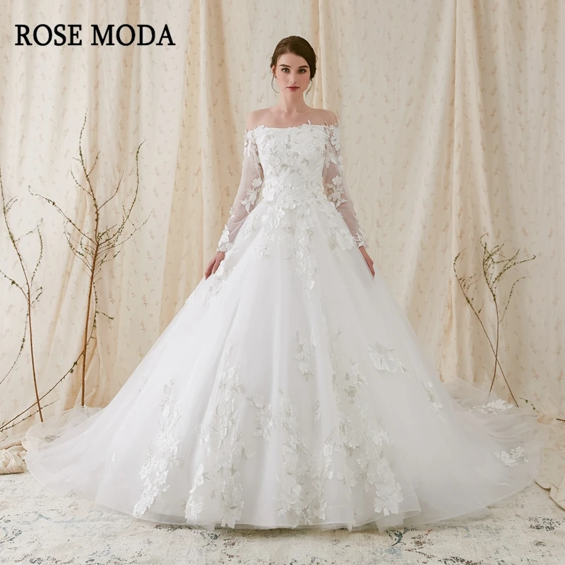 

Rose Moda Luxury Off Shoulder Long Sleeves 3D Floral Lace Princess Wedding Ball Gown Real Photos