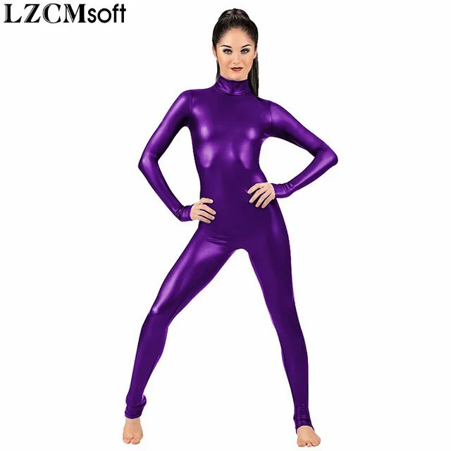 LZCMsoft Women Long Sleeve Metallic Unitards Adults Shiny Full Ballet Gymnastics Catsuits Dancewear Spandex Unitards Stage Show