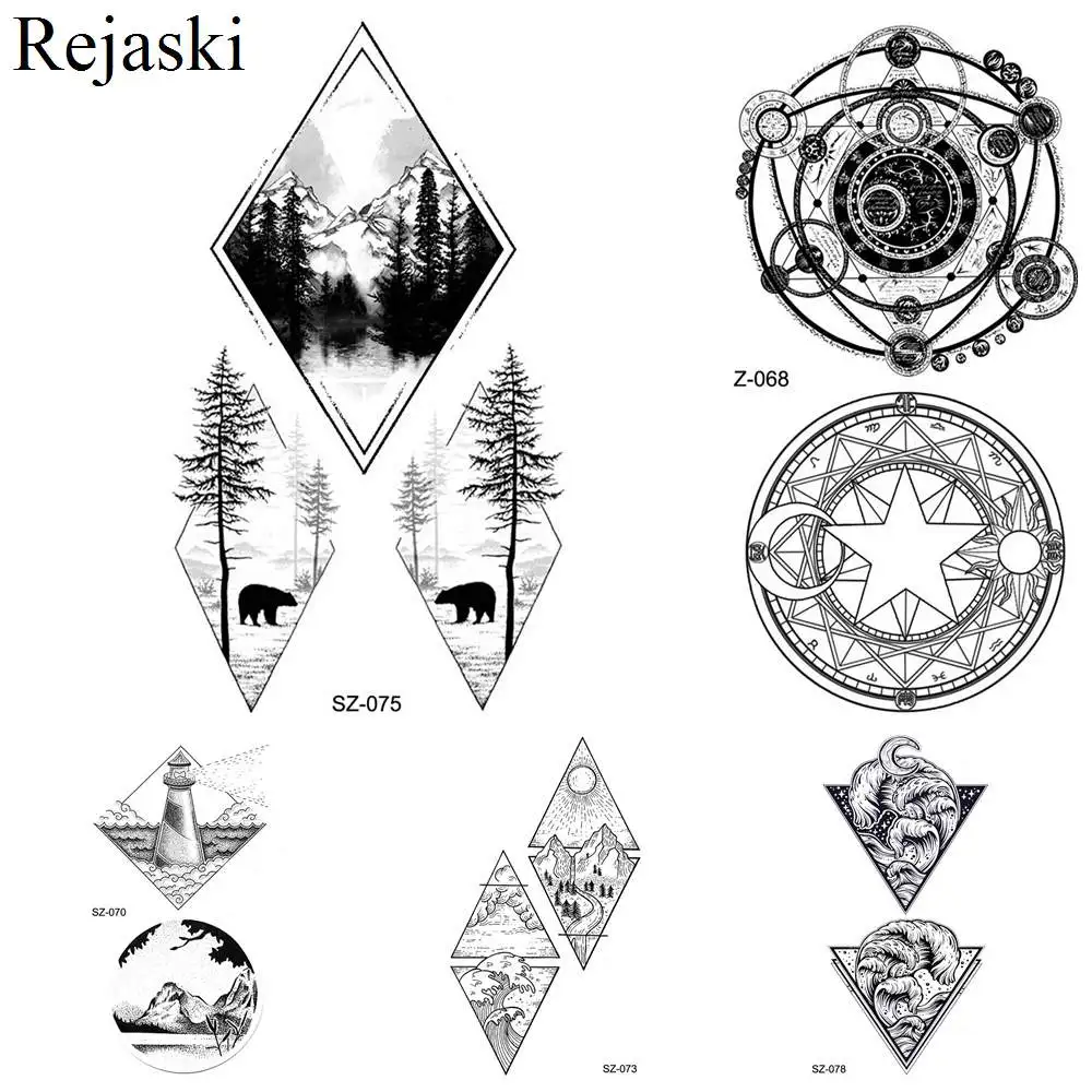 Искусственная Геометрическая Татуировка Rejaski с бриллиантами для женщин, искусство на руку, Временные татуировки, наклейки, волшебный Тотем для мужчин, черные водонепроницаемые татуировки с волнами