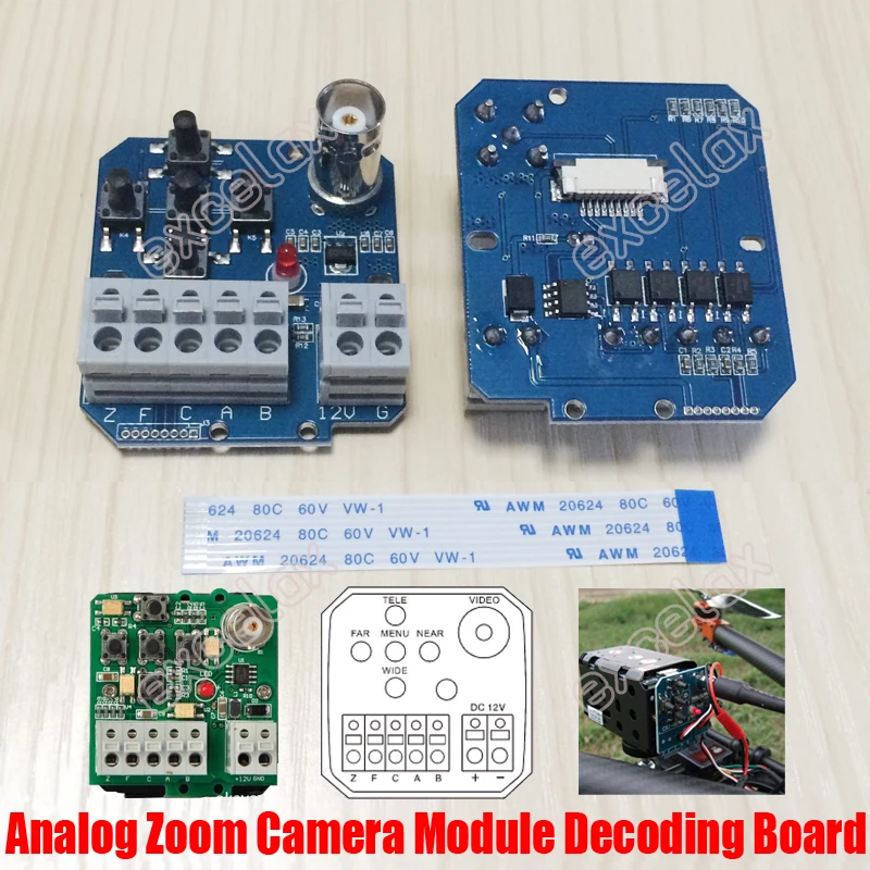 CCTV Zoom Camera Module Block Decoding Control Board RS485 Pelco Protocol Decode PCB w/ BNC OSD Menu Button 9Pin Ribbon Cable