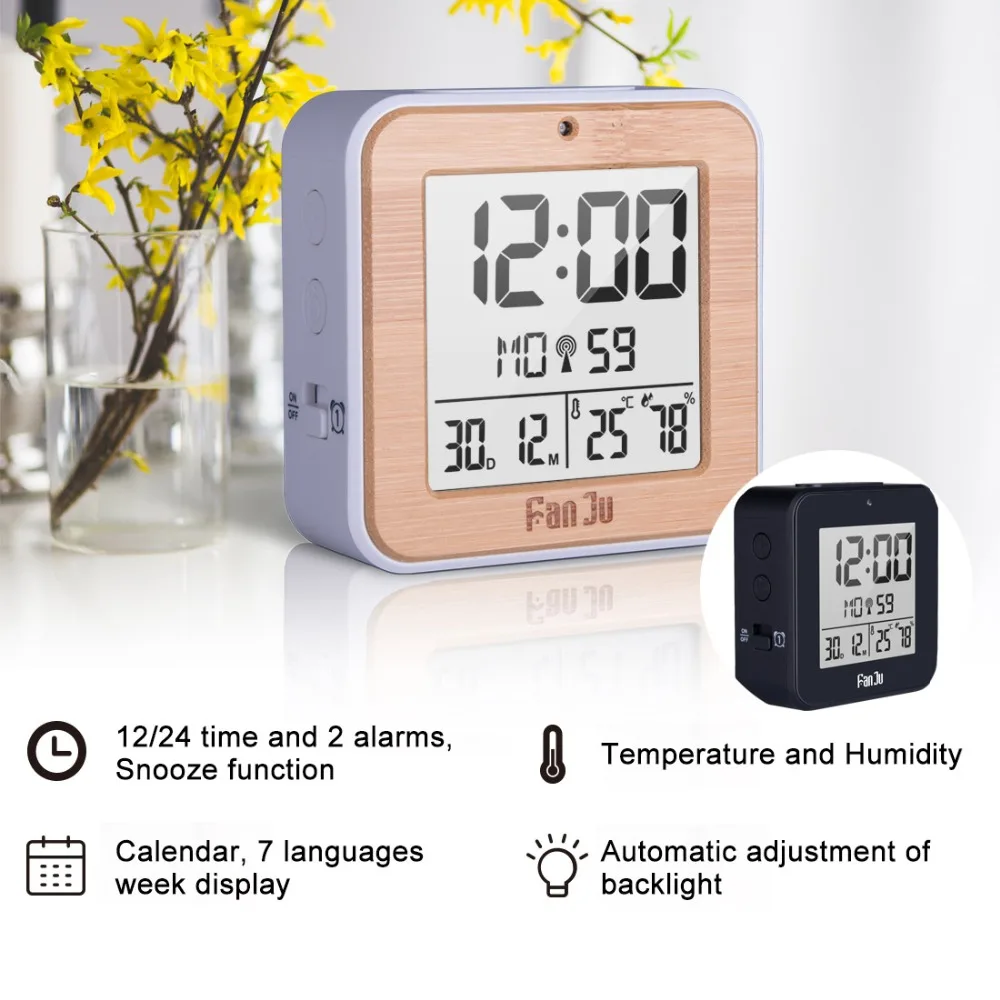 FanJu Digital Alarm Clock LED DCF Radio Dual alarm Automatic Backlight Electronic Temperature Humidity Table Time Office Gift