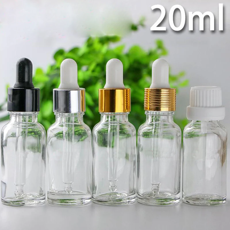 

20ml Glass Liquid Bottles With Eye Pipette Empty Clear Aromatherapy Essential Oils Bottle Containers With Gold Black Silver Caps