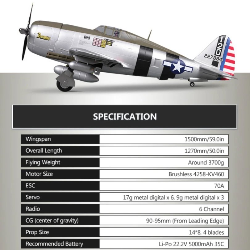 FMS 1500MM 1.5M P47 P-47 Razorback Bonnie 6S 6CH z klapami chowa PNP RC samolot duży Warbird Model samolotu samolot Avion