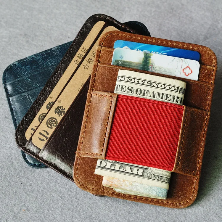 Vintage Genuine Leather Credit Card Holder Men Women Elastic Clip Wallet for Money Badge ID Card Case Slim Bus Cardholder