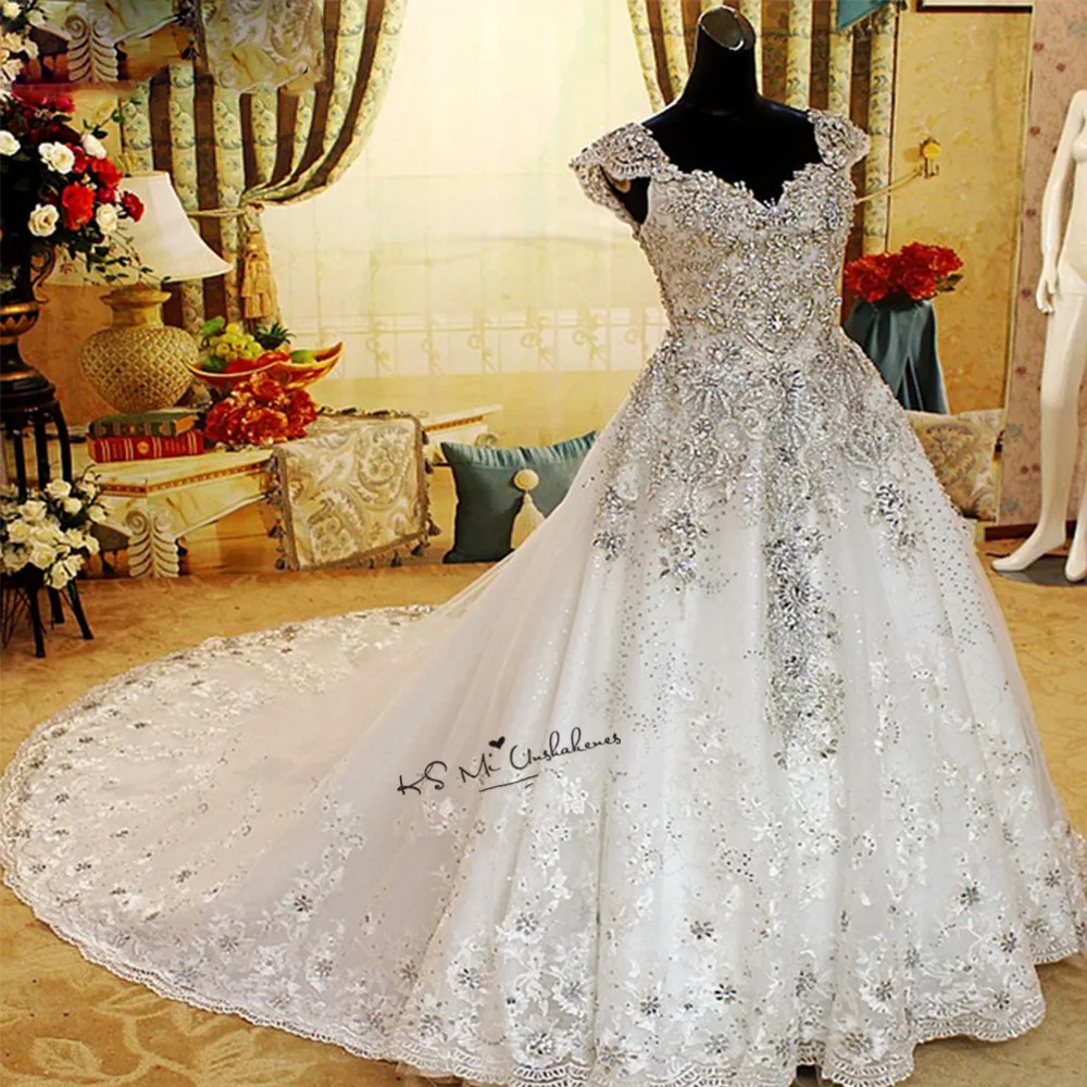 

Rhinestones Luxury Wedding Dresses 2018 Sparky Ball Gown Crystals Wedding Gowns Cap Sleeve Sequins Lace Bride Dress Custom Made