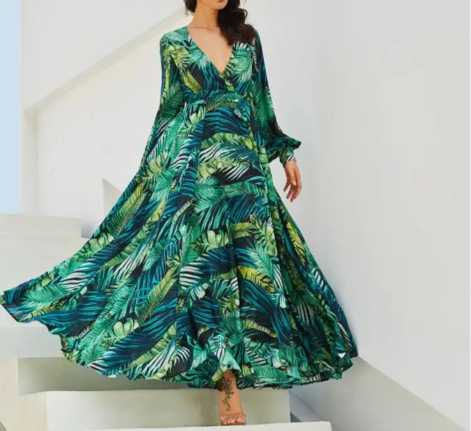 Long Sleeve Dress Green Tropical Beach Vintage Maxi Dresses Boho Casual V Neck Belt Lace Up Tunic Draped Plus Size Dress