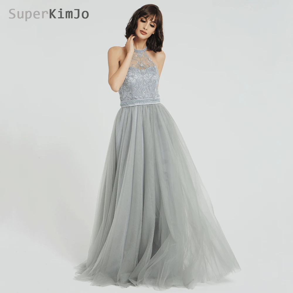 Superkimjo halter frisado vestidos de baile 2019 vestido de formatura longo sem costas sexy cinza vestido de baile elegante