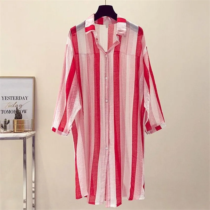 2019 Fashion Summer Loose Women Striped Cardigan Blouses Midi Long Lady Thin Sun Protection Clothing beach Shirts Holiday WZ794