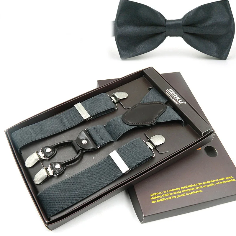 JIERKU Treo Tie Thiết Lập Người Đàn Ông của Niềng Răng với Bow Tie 4 Clip Suspensorio CintaTrousers Dây Đeo riem Cha/Chồng của quà tặng TZ4C1027