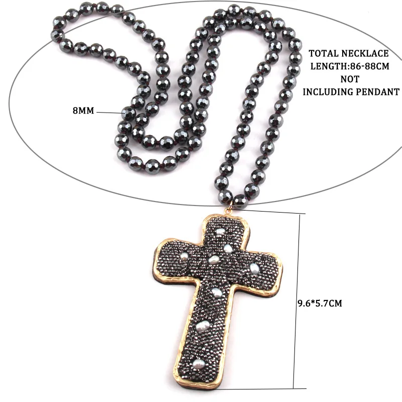 Fashion Bohemian Jewelry Faceted Hematite Stone Knotted Crystal Paved Pearl decoration Cross Pendant Necklaces