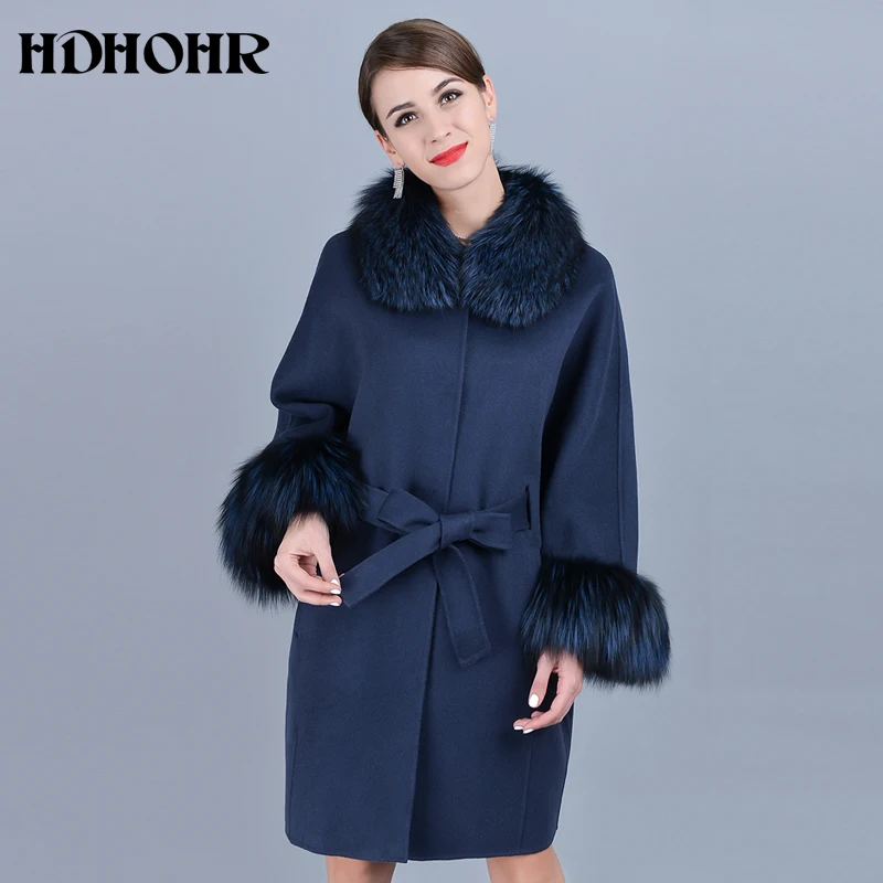 Hdhhr 2025 venda quente casaco de caxemira feminino gola de manga de inverno com jaqueta de pele de raposa real natural casacos de pele de raposa genuína feminino