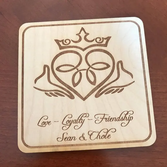 Personalized Laser Engraved Wooden Coaster With Claddagh Design