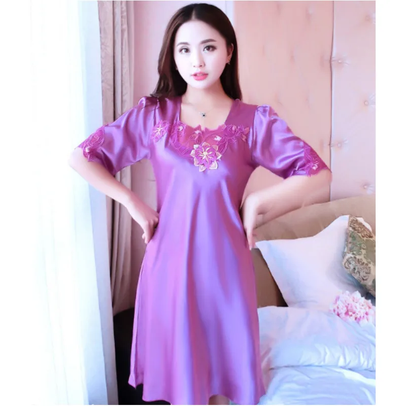 Female Sexy Summer Silk Nightgown Adult Sleepwear 2pcs Summer Silk Lace Dress Robe Girls Silk Homewear Sleeved Nightdress B-6629