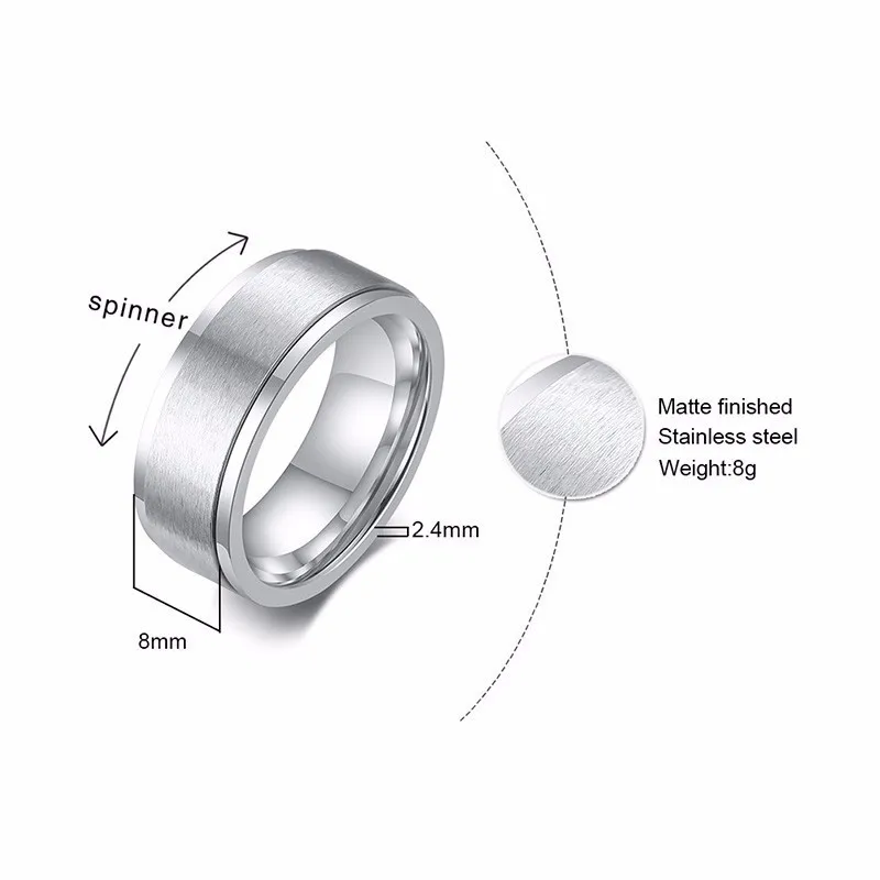 8MM Men\'s Top-Engraved Spinner Ring,Black White Stainless Steel Men Wedding Band Male Jewelry Gift