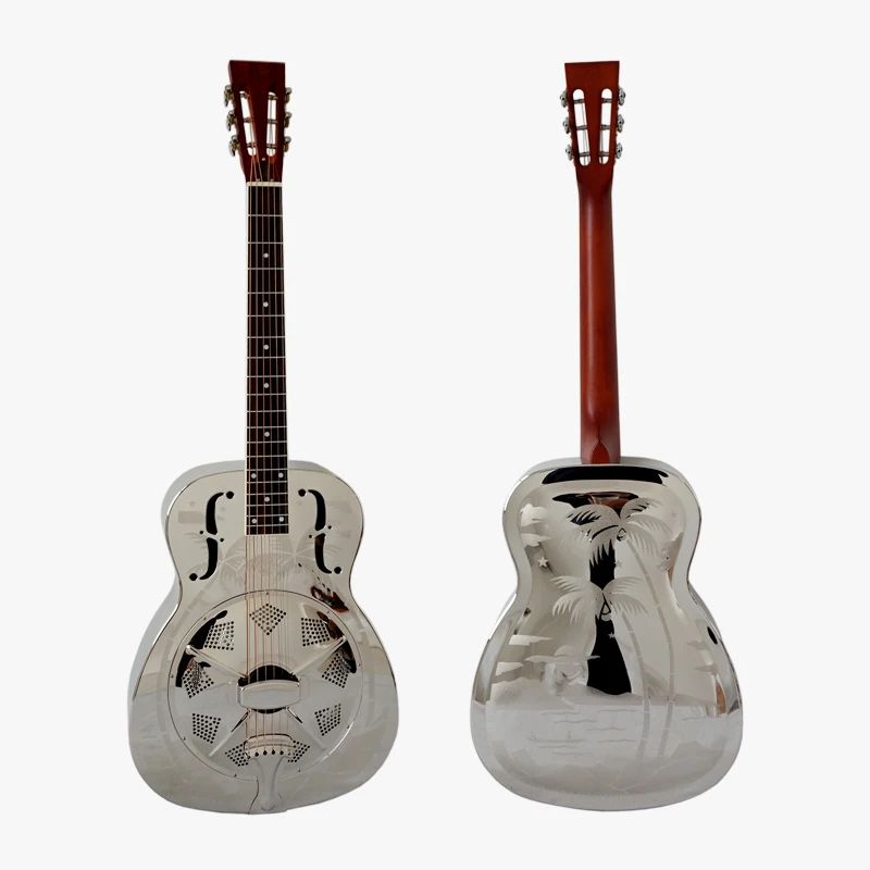 Aiersi Brand Hawaii Tree Palm Pattern Chrome Finish Bell Brass Resonator Guitar With Free Case and Strap