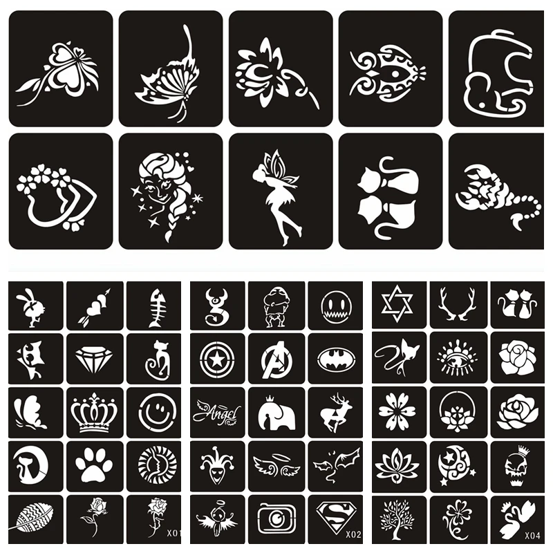 70pcs/5 Sheets Small Glitter Henna Tattoo Stencil for Woman Girl Kids Flower Butterfly Cartoon Airbrush Tattoo Drawing Template