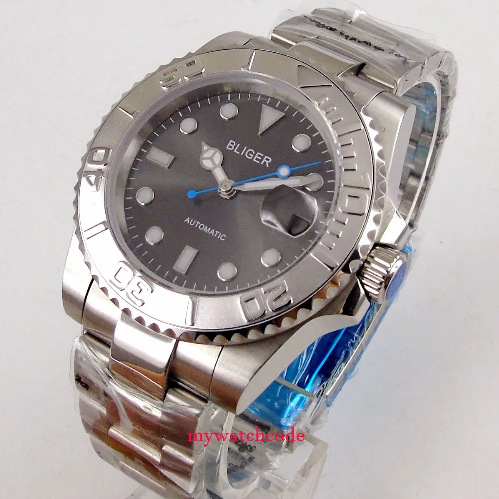 BLIGER SUB Sunburst gris NH35AA PT5000 reloj automático para hombre bisel giratorio de mano azul banda de pulido medio reloj profesional