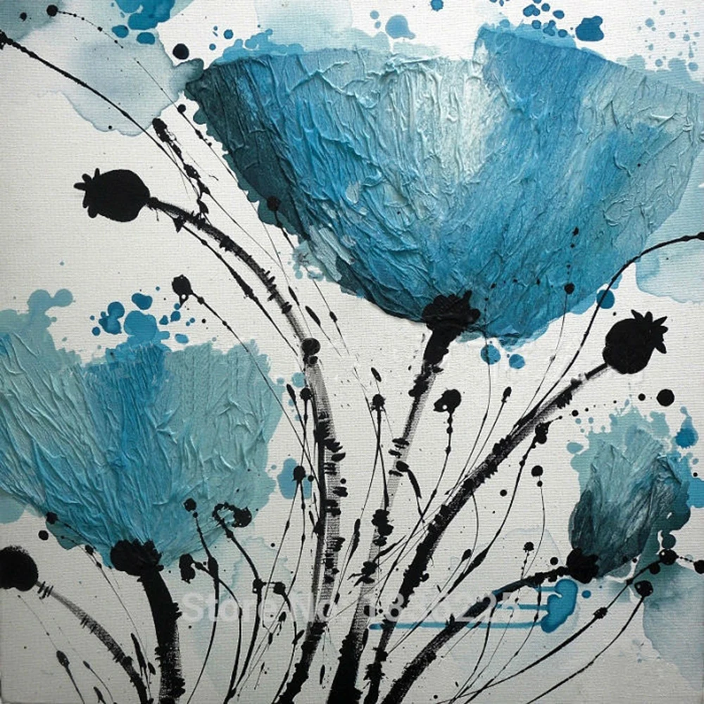 High Quality Wall Art Canvas Painting Blue Flowers Oil Painting on Canvas Modern Paintings for  Interior Decoration Support OEM