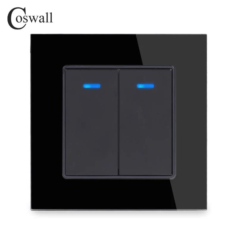 Coswall Luxury Crystal Tempered Glass Panel 2 Gang 1 Way Flat Light Switch On / Off Wall Switch With LED Indicator 16A AC 250V