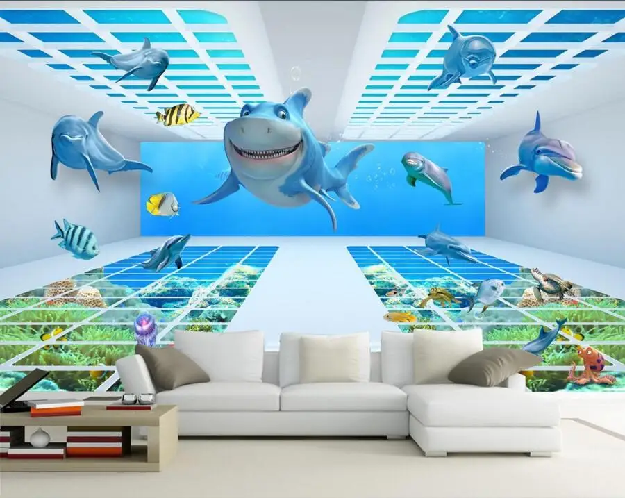 

Custom 3D underwater world cartoon shark Dolphin wallpaper papel de parede,living room sofa TV wall children bedroom 3d murals,
