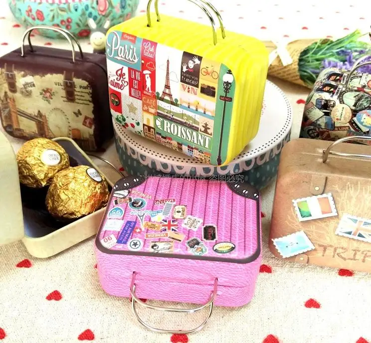 

360pcs 75*35*55mm Small Tin Vintage Party Rectangle Handbag Suitcase Luggage Shaped Candy Box Wedding Favor Gift Boxes SN1946