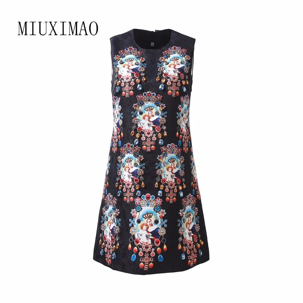 

MIUXIMAO 2023 Summer Newest Casual Style O-Neck Sleeveless Tank Print Fashion A-Line Above Knee Diamonds Dress Women Vestides