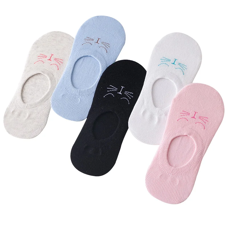 

Lady Cotton Solid Color Socks Cat Face Woman Boat Sock Sleep Cathead Invisible Silica Gel Slipper 5pair=10pcs Meias Funny Socks