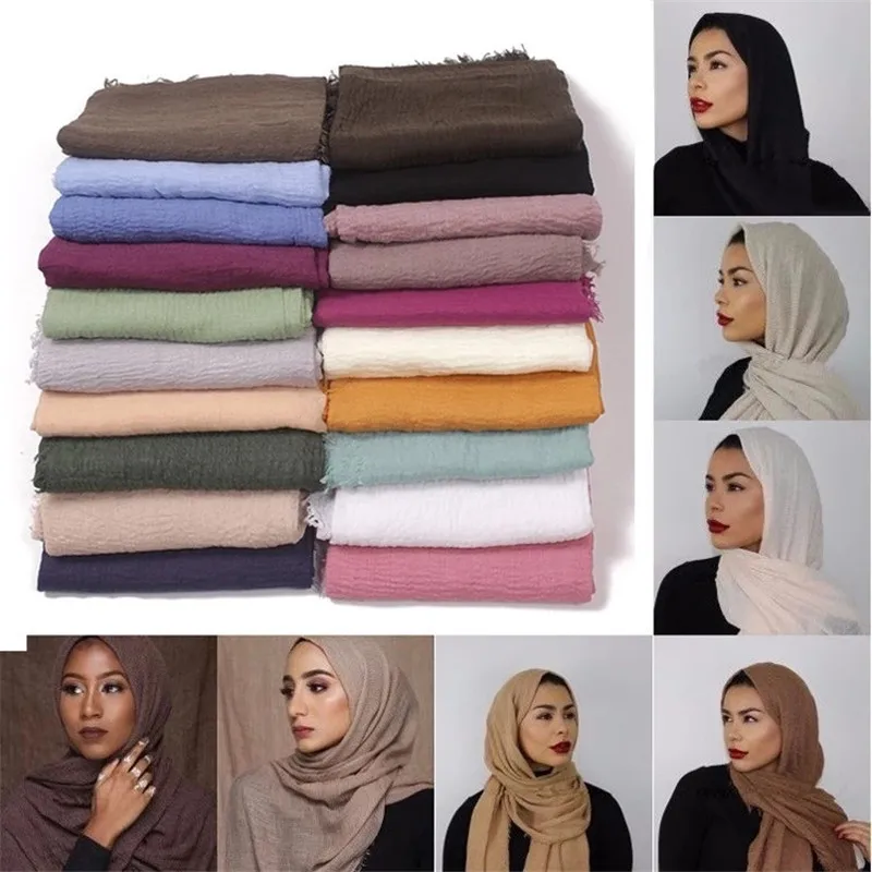 Women muslim crinkle hijab scarf femme musulman soft cotton headscarf islamic hijabs foulard shawls and wraps hoofddoek 90*180c