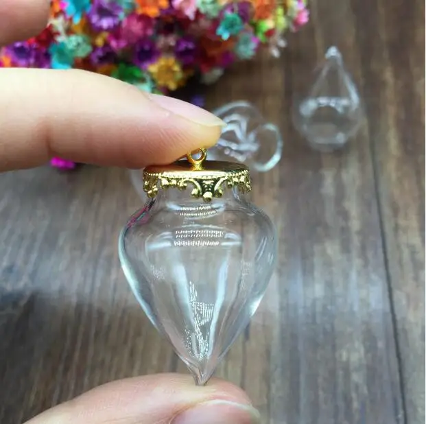 1set 38*15mm hollow water drop glass with 15mm crown setting base set glass vials pendant glass bottle charms jewelry findings