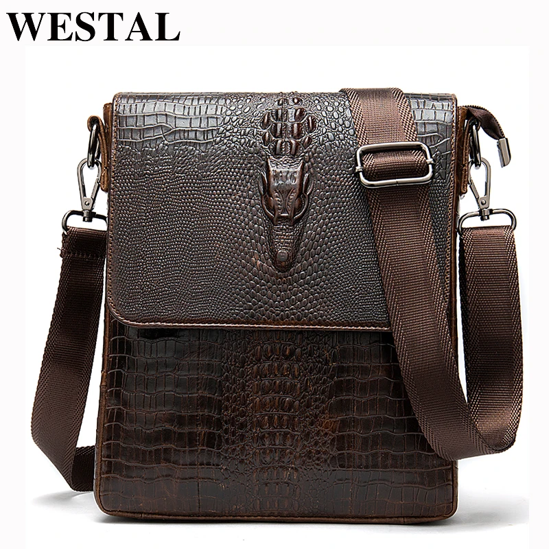 WESTAL messenger bag men’s shoulder bags for men crocodile pattern handbag men\'s crossbody bags genuine leather flap zipper bags