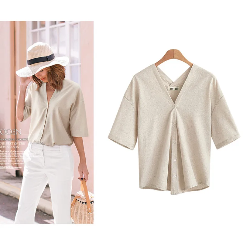 Sommer V-ausschnitt Frauen Bluse Hemd Baumwolle Leinen Weiblich Blusen Chiffon Marineblau Khaki Weiß Casual Top Weiche Strickjacke Plus Größe