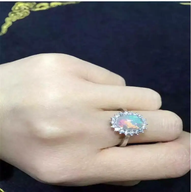 REAL S925 sterling silver inlaid Natural OPal  ring 7*9mm High quality pure Gem good clarity For Men or Woman