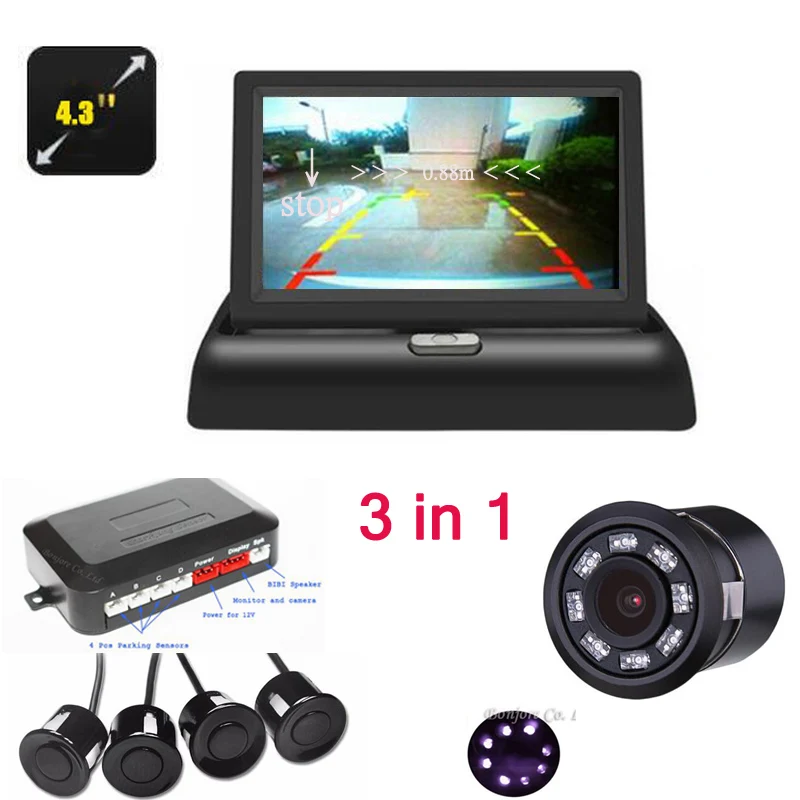 3in1 Dual Core CPU Car Parking Assistance Sensor Reversing Radar Video System Connect Car 4.3 inch Monitor and Rearview camera