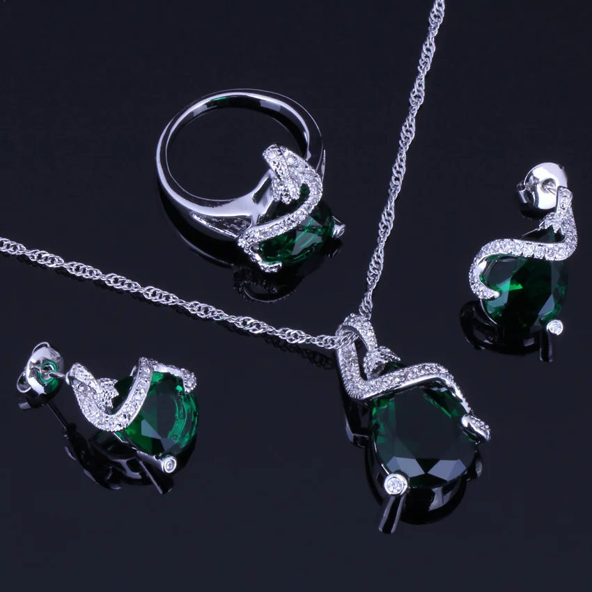 Delightful Green Cubic Zirconia Silver Plated Jewelry Sets Earrings Pendant Chain Ring V0236