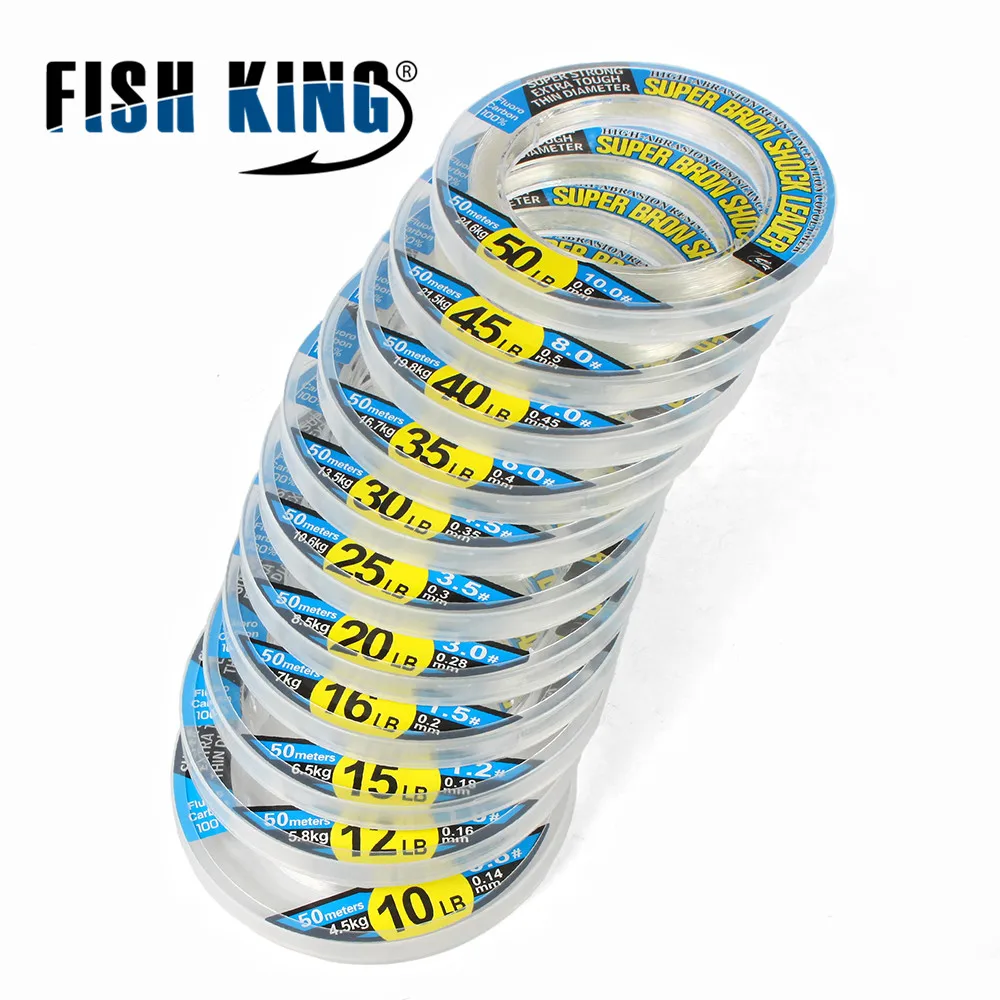 FISH KING 100% Japan Material Fluorocarbon Fishing Lines 50M Carbon Fiber Leader Fly Line 10-50LB Fast Sinking for Carp Fishing