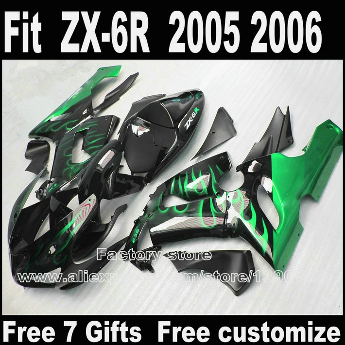 Plastic fairings set  for Kawasaki ZX6R 2005 2006 bodywork sets 05 06  ZX-6R Ninja 636 green flames in black fairing kit LK61