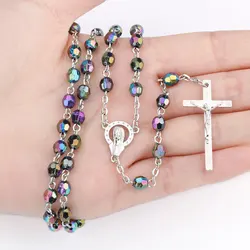 Rosary Necklace Jesus Christ Cross Statement Pendants Necklaces Acrylic Beads Long Chain Colar Religious Party Christian Jewelry