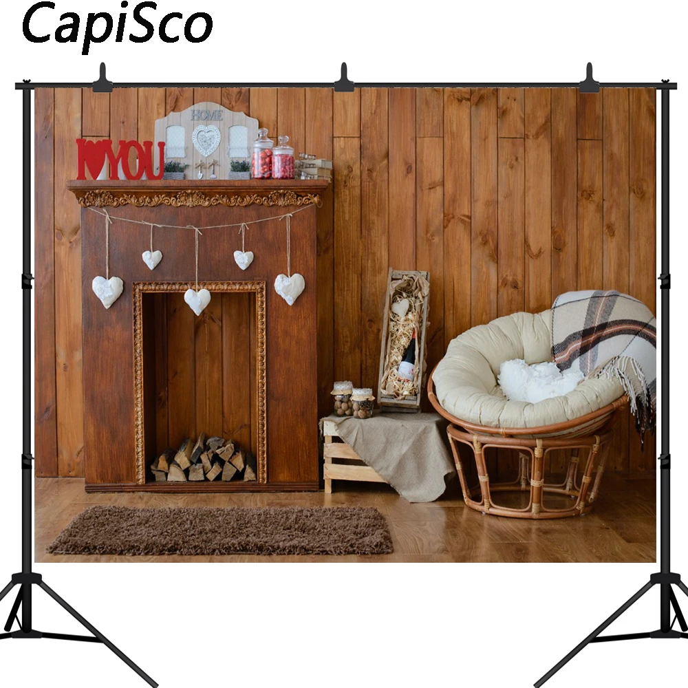 Capisco Indoor Fireplace Wooden wall floor Photo Background Printed Presents Heart of love Baby Kids Valentines Day Backdrop