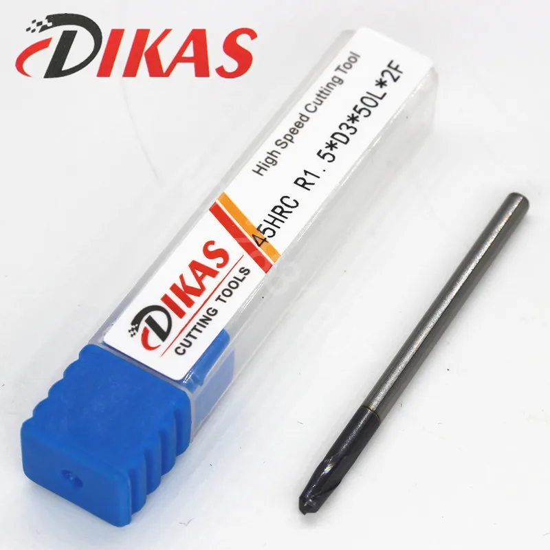 Dikas 45HRC R1.5*D3*50L*2F material Carbide Ball Nose End Mills 2 flute 3mm coating nano use for High-speed milling machine