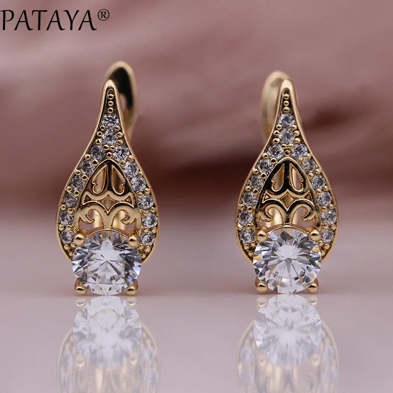 PATAYA New Flame Water Drop Hollow Earring 585 Rose Gold Color Round Natural Zircon Earrings Women Wedding Fine Fashion Jewelry