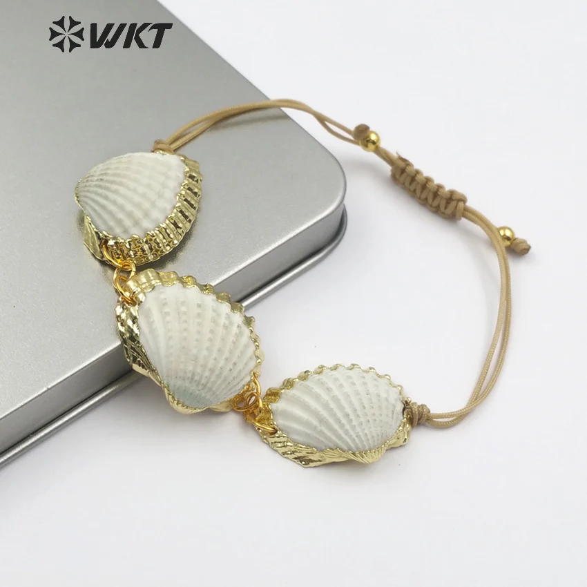 

WT-B442 Boho Bracelet Natural White Scallop Shell With Gold Metal Bezel Sea Shell Jewelry Adjustable Bracelet Gift For Women