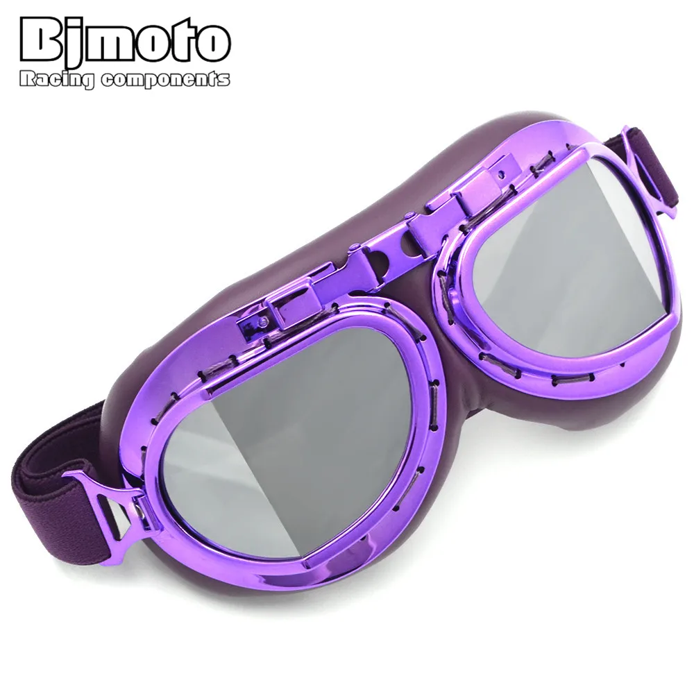 BJMOTO Sport Vintage Pilot Motorcycle Cruiser Scooter Goggles Silver Lens Purple Frame Padding Glasses for Harley Helmet