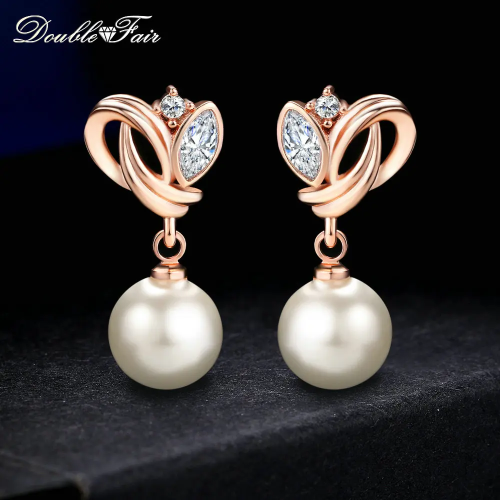 Doppio Fiera di Goccia/Ciondola Gli Orecchini di Modo Cubic Zirconia Oro Rosa/Argento Colore Simulato Branelli Della Perla Dei Monili Per Le Donne