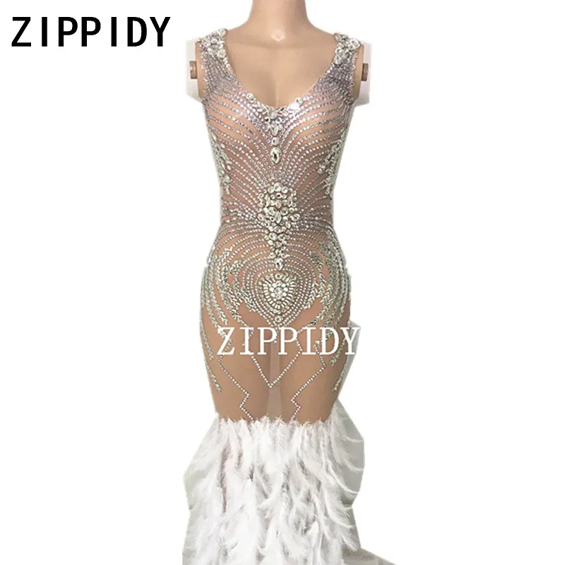 New Glisten Silver Rhinestones Feather Tail Nude Mesh Dress Big Stones Women's Birthday Party Wear Nightclub Show Sexy Costume